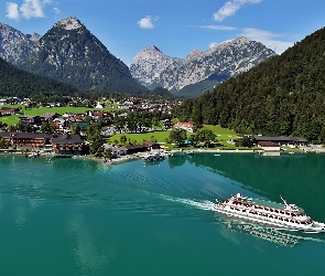 Góry, Miasteczko, Tyrol, Achensee, Statek, Jezioro, Wycieczkowy, Pertisau