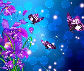 Fioletowe, Art, Motyle, Kwiaty