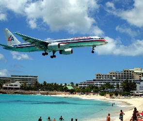 Lądujący, St Maarten, Hotel, Ludzie, Plaża, Morze, Samolot