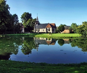 Światło, Przebijające, Staw, Park, Kościół, Domy