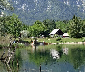 Góry, Domy, Jezioro, Bohinj, Lasy