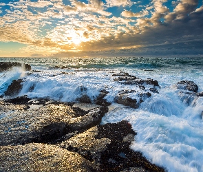 Morze, Kamienie, Słońce, Fale