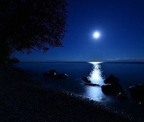 Jezioro, Księżyca, Poświata, Noc