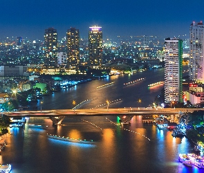 Most, Panorama, Rzeka, Wieżowce, Bangkok, Statki, Tajlandia, Miasta