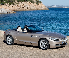 Samochód, Skały, Morze, BMW Z4, Srebrny