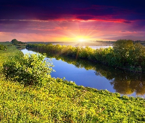 Rzeka, Łąki, Jesień, Promienie, Słońca, Drzewa