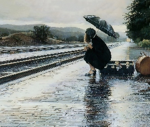Parasol, Deszcz, Dziewczyna, Peron, Bagaże, Walizka