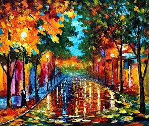 Domy, Drzewa, Afremov, Leonid, Ulica, Deszcz