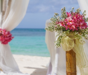 Bukiet, Różowych, Ślub, Plaża, Morze, Kwiatów