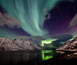 Góry, Noc, Polarna, Zorza, Islandia