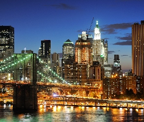 Manhattan, Miasta, York, Nowy, Brooklyn, Rzeka, Nocą, Most, Panorama