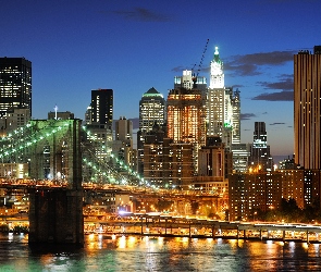 Manhattan, Miasta, York, Nowy, Brooklyn, Rzeka, Nocą, Most, Panorama