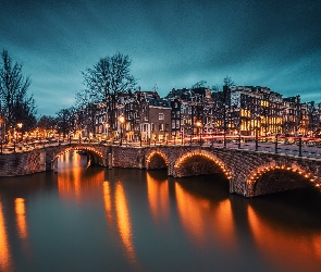 Amsterdam, Kanały, Odbicie, Światła, Most, Noc