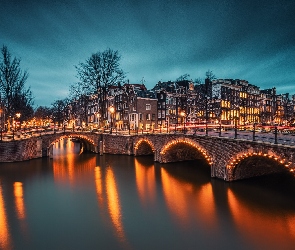 Odbicie, Most, Kanały, Amsterdam, Noc, Światła