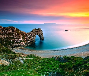 Plaża, Durdle Door, Wybrzeże Jurajskie, Skały, Zachód słońca, Anglia, Morze