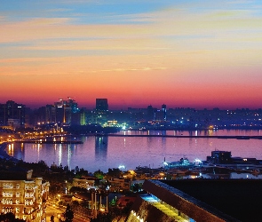 Morze, Port, Słońca, Panorama, Miasta, Wschód, Baku