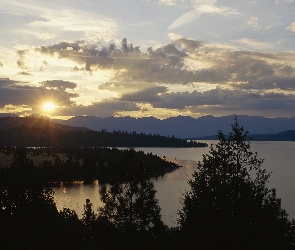 Jezioro, Zachód Słońca, Chmury