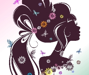 Kobieta, Grafika, Kwiaty, Motyle