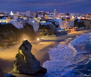 Skały, Wybrzeże, Panorama, Noc, Morze, Albufeira, Miasta