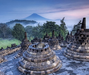 Pałac, Indonezja, Mgła, Posągi, Dżungla, Góra, Borobudur
