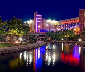 Rzeka, Teatru, Miasto, Drzewa, Gmach, San Antonio, Nocą