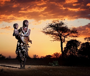 Afrykańska Kobieta, Niebo, Drzewo, Dziecko