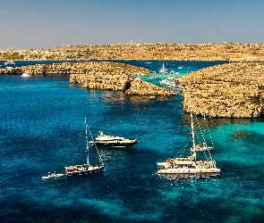 Malta, Skały, Morze, Jachty