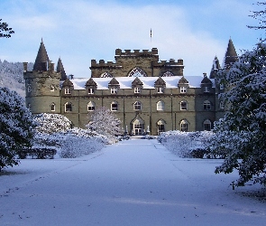 Aleja, Drzewa, Inveraray Castle, Zamek Inveraray, Szkocja, Zima