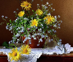 Bukiet, Serweta, Rudbekia, Niezapominajki, Kompozycja