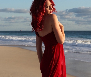 Modelka, Kobieta, Chmury, Sukienka, Plaża, Morze, Czerwona
