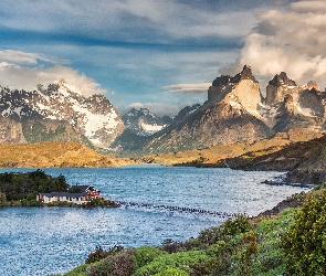 Wyspa, Jezioro, Chile, Most, Góry, Patagonia, Domy