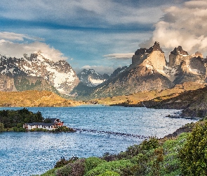 Patagonia, Góry, Wyspa, Chile, Most, Jezioro, Domy