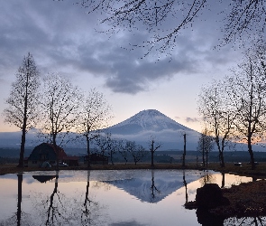 Domy, Staw, Japonia, Chmury, Fudżi, Mgła, Drzewa
