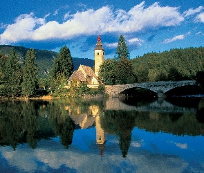 Jezioro, Las, Most, Kościół, Bohinj