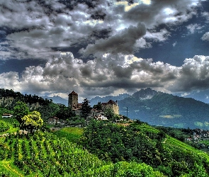 Góry, Łąki, Wioska, Austria, Południowy, Chmury, Tyrol, Pola