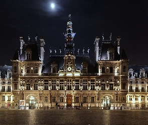 Światła, Noc, Paryż, Hotel de Ville, Francja, Panorama