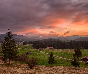 Karwendel, Bawaria, Zachód, Niemcy, Słońca, Domy, Alpy, Lasy, Drogi