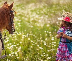 Kwiaty, Łąka, Dziewczynka, Koń
