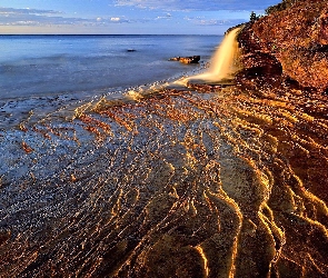 Słońca, Zachód, Górne, Michigan, Wodospad, Jezioro, Skały