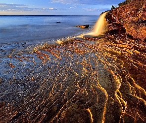 Górne, Jezioro, Michigan, Wodospad, Zachód, Słońca, Skały