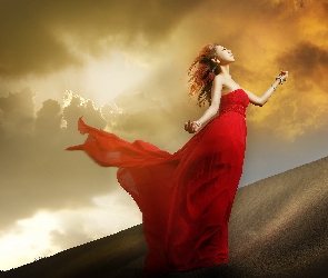 Kobieta, Czerwona, Chmury, Pustynia, Ciemne, Sukienka