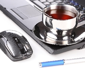 Mysz, Filiżanka, Herbata, Długopis, Laptop