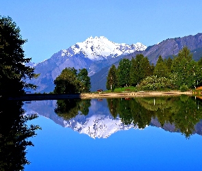 Jezioro, Park, Ławki, Drzewa, Góry