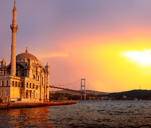 Słońca, Zachód, Istambuł, Turcja, Meczet, Morze