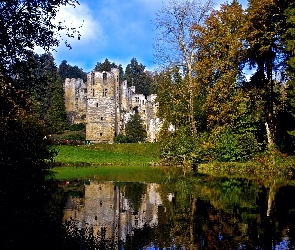 Drzewa, Rzeka, Beaufort Castle, Zamek w Beaufort, Luksemburg, Park