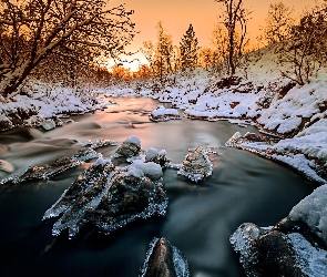 Rzeka, Drzewa, Słońca, Śnieg, Zachód