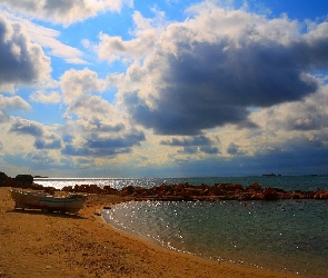 Plaża, Łódka, Jezioro, Chmury