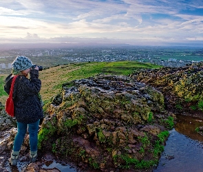 Dziewczyna, Aparat, Miasta, Wzgórza, Panorama, Fotograficzny