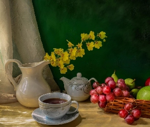 Herbaty, Filiżanka, Kompozycja, Kwiaty, Winogrona, Jabłka, Dzbanek