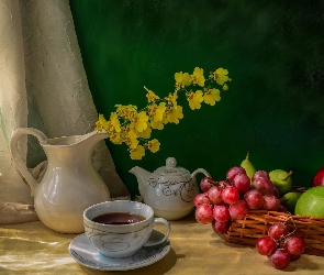 Jabłka, Winogrona, Herbaty, Kompozycja, Kwiaty, Filiżanka, Dzbanek